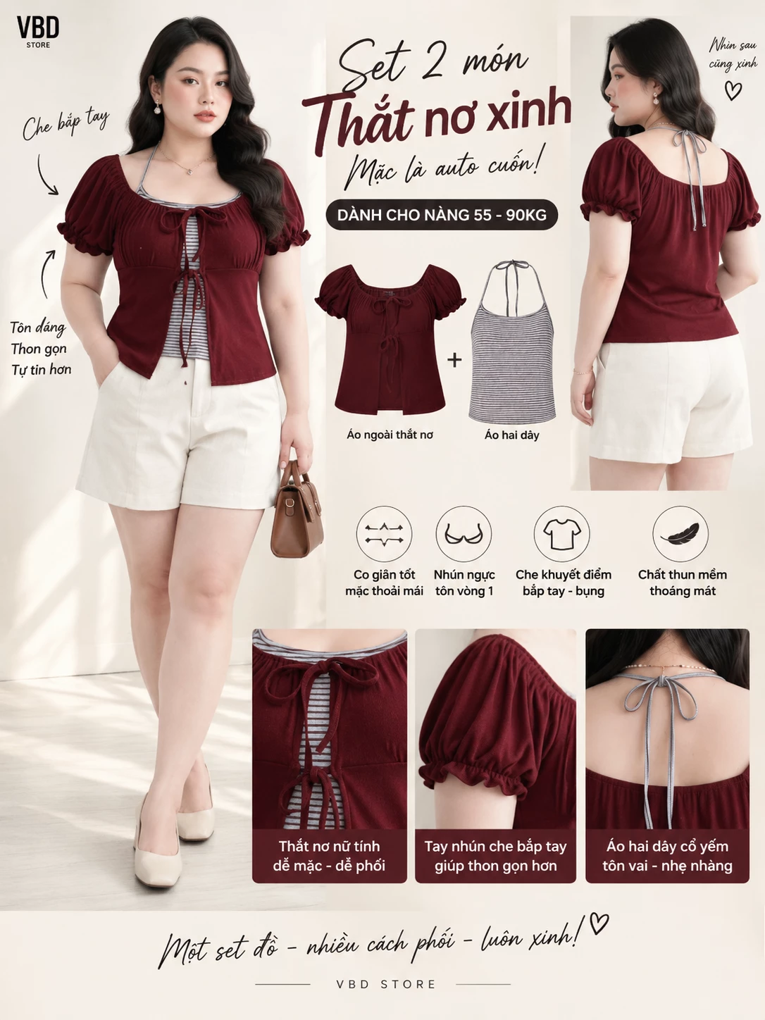 Poster tổng hợp V-AK128 gồm áo ngoài, áo trong hai dây và các chi tiết nơ nhún của bộ hai món