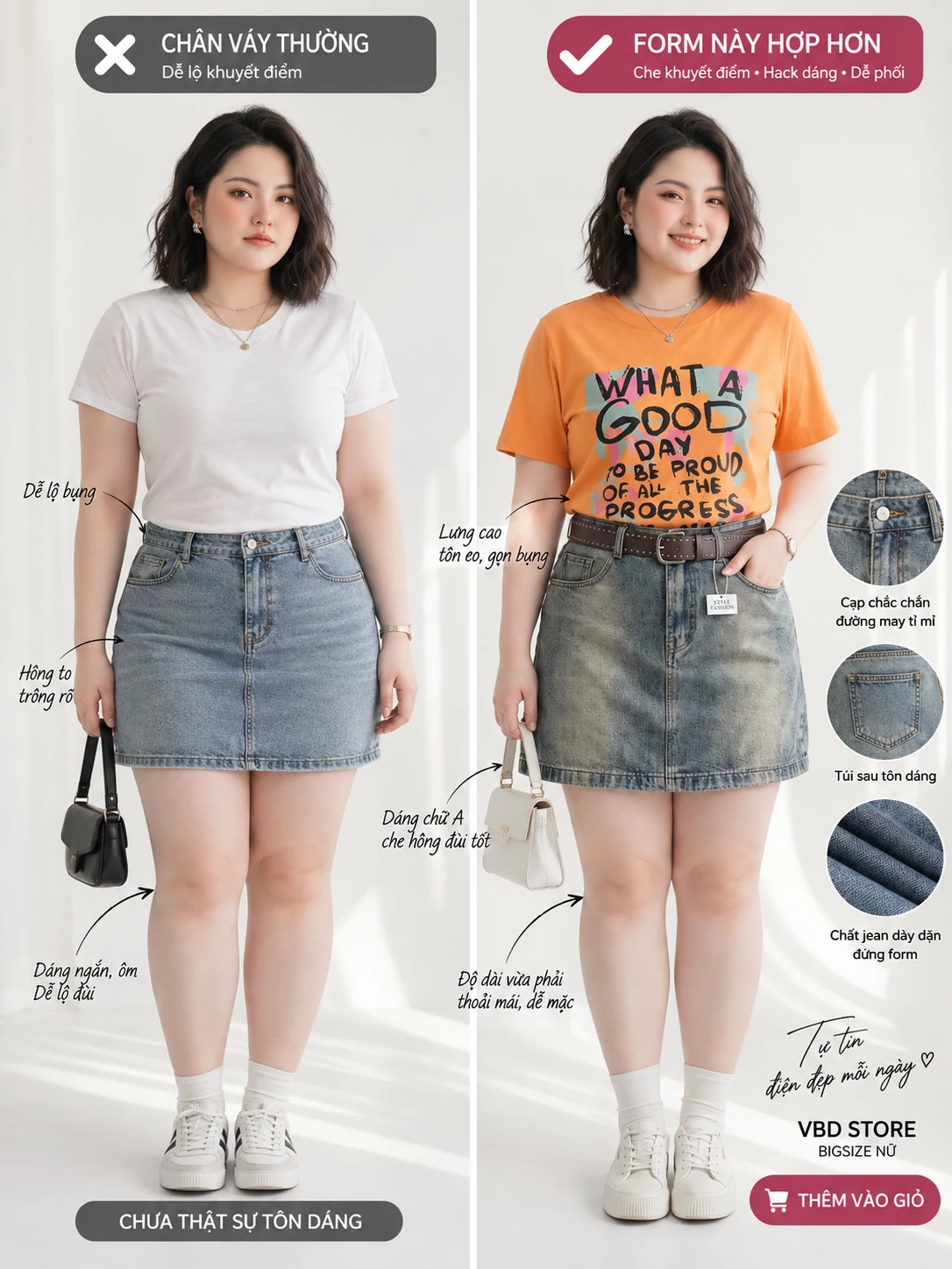 Poster so sánh form chân váy jean T-JV2128 với chú thích trực tiếp trên hình