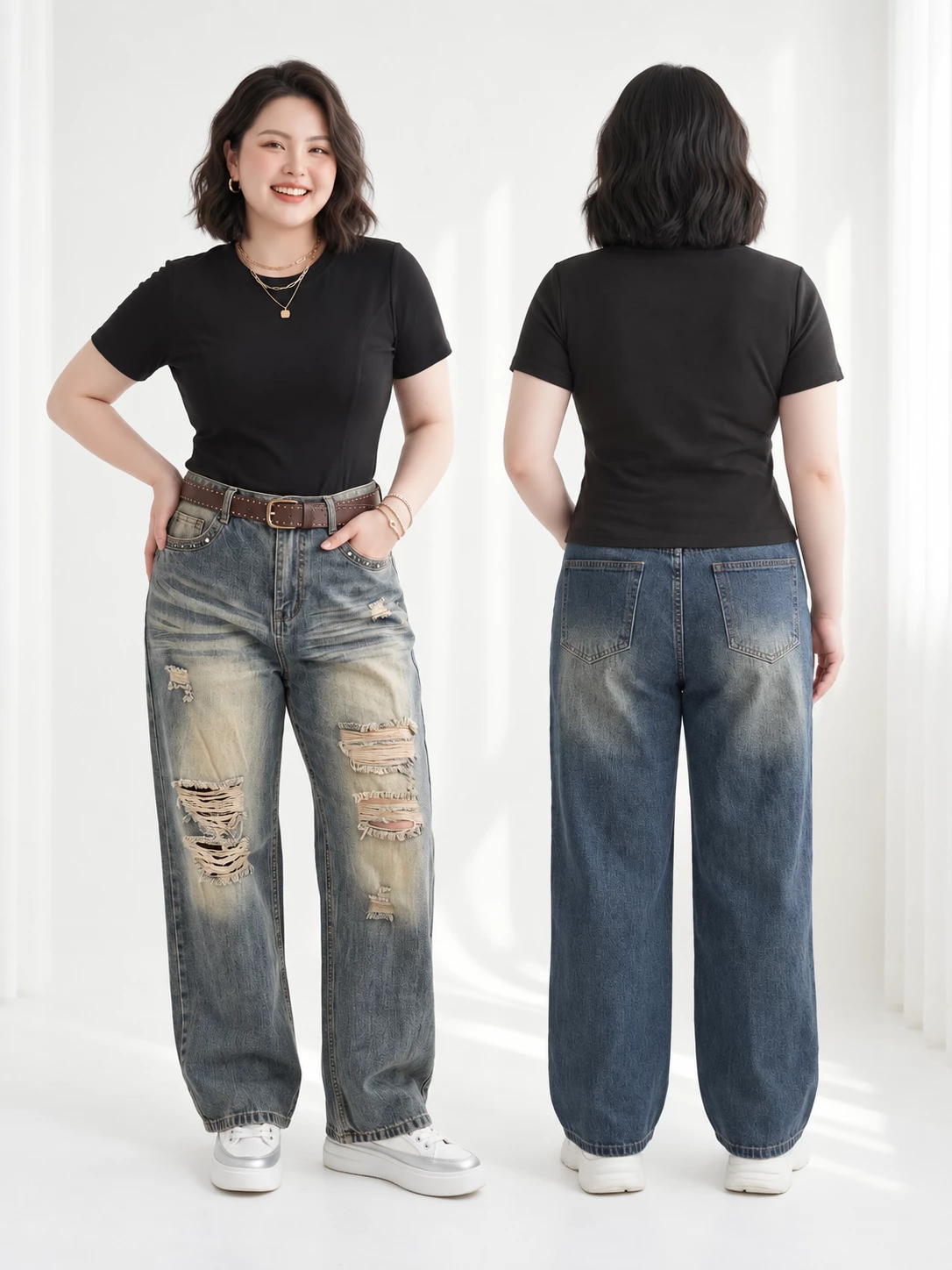 Front and back views of a model wearing T-QJ646 studded straight-leg jeans