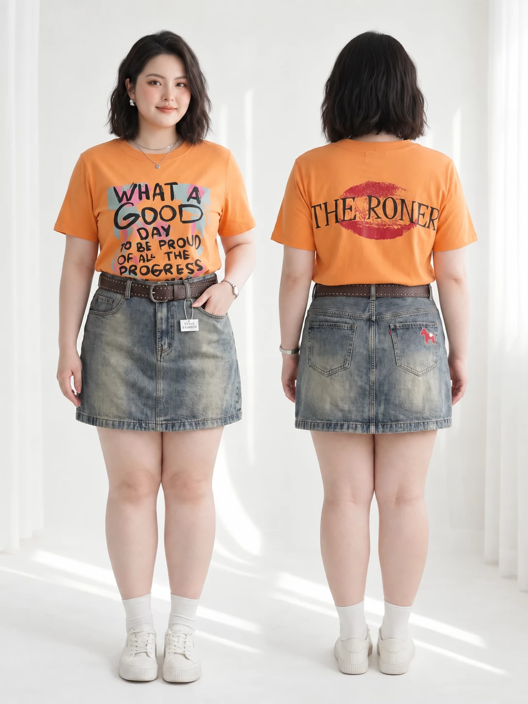 Người mẫu mặc chân váy jean bigsize T-JV2128 ở góc trước và sau
