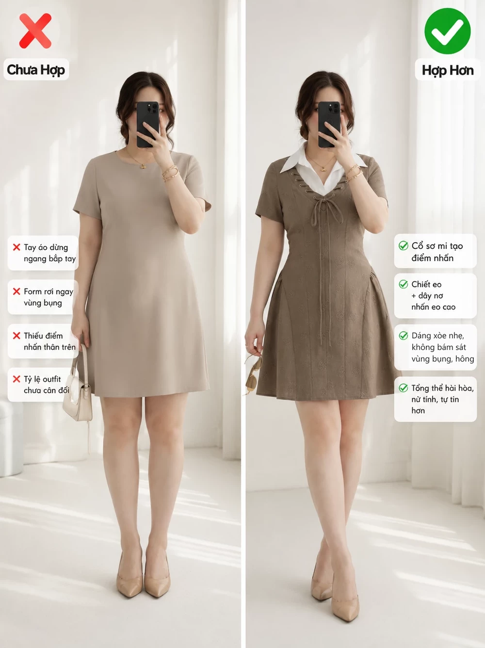 Ảnh so sánh DA153 có cổ sơ mi, dây xỏ và váy nhún với một kiểu đầm suông