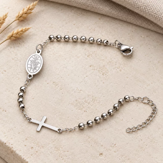 Silver Rosary Bracelet with Virgin Mary centerpiece and Cross on cream stone
