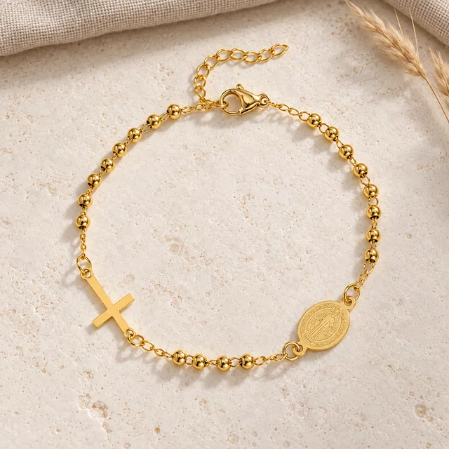 Gold Rosary Bracelet with Virgin Mary centerpiece and Cross on cream stone