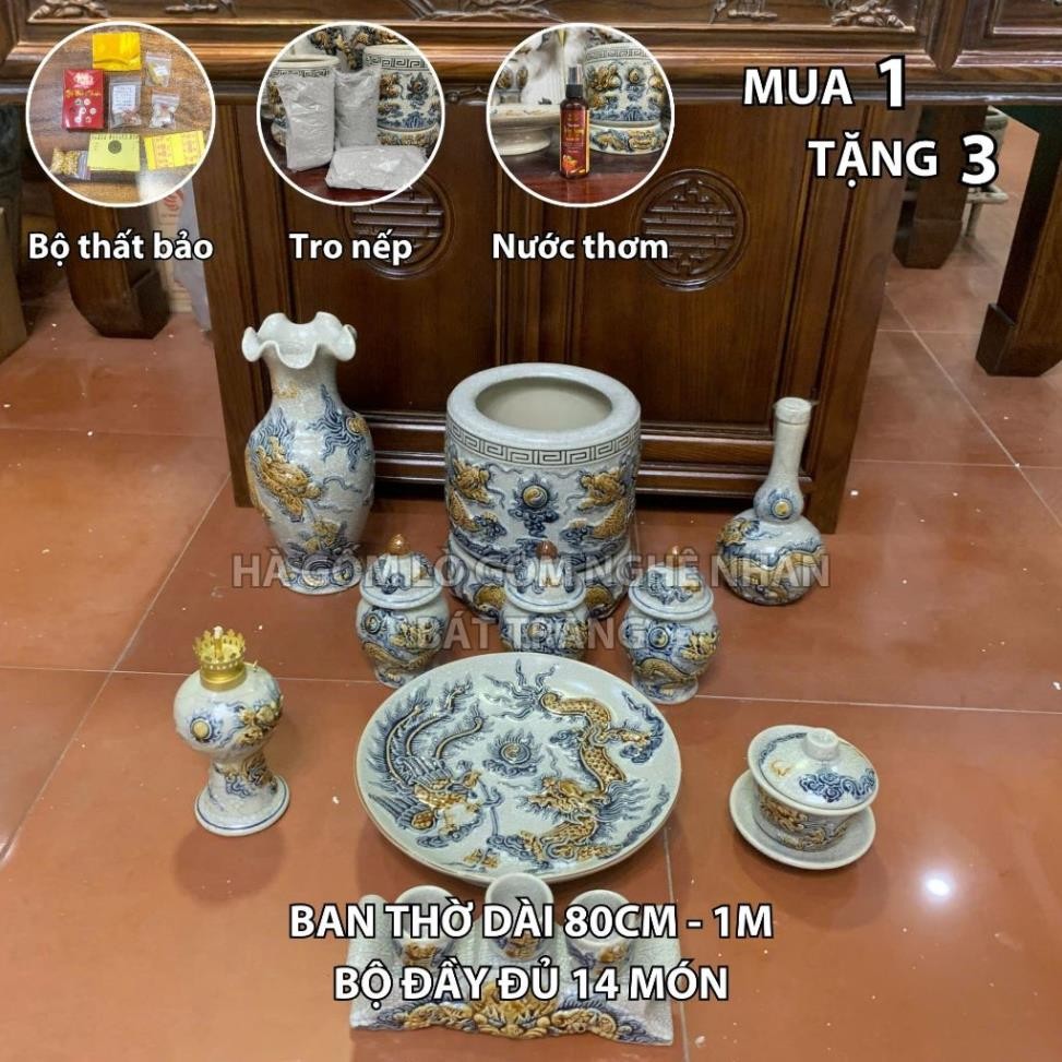 HG021 Đồ Thờ Cúng Bộ 14 món ban thờ 80CM - 1M men rạn nổi nghệ nhân Bát Tràng chế tác TẶNG Thất Bảo, Tro Nếp