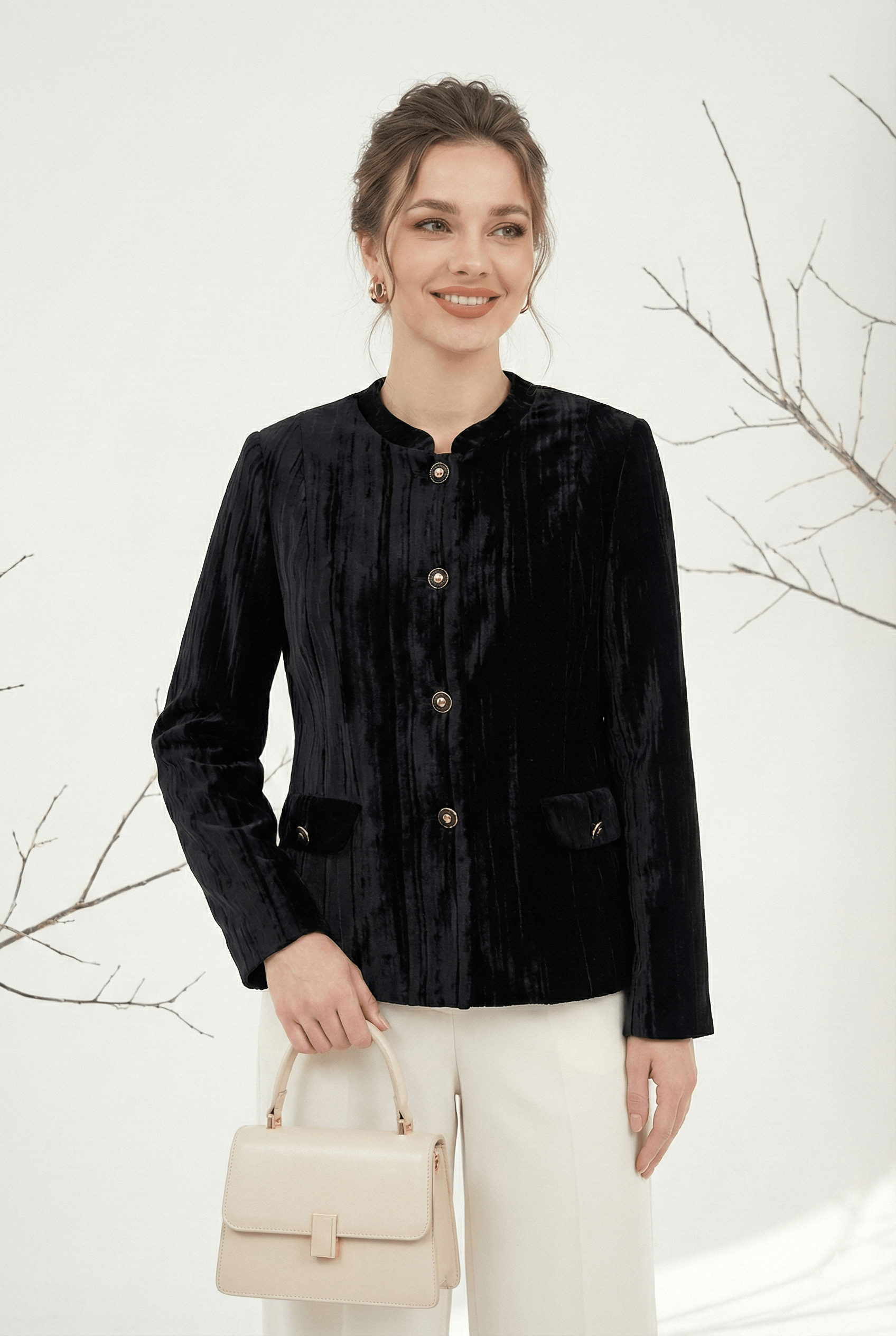 Áo khoác ngắn Suông Vải nhung gân Cổ tàu cách điệu Dài dưới eo