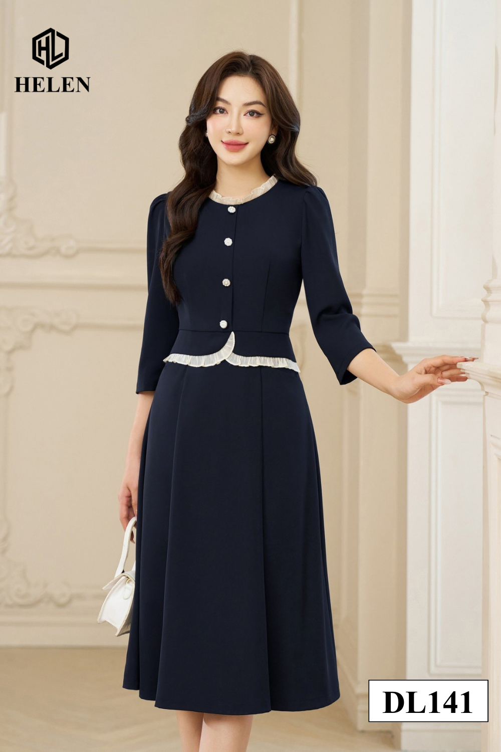 Đầm xòe xanh peplum cổ nhún trắng đính cúc ngực DL141