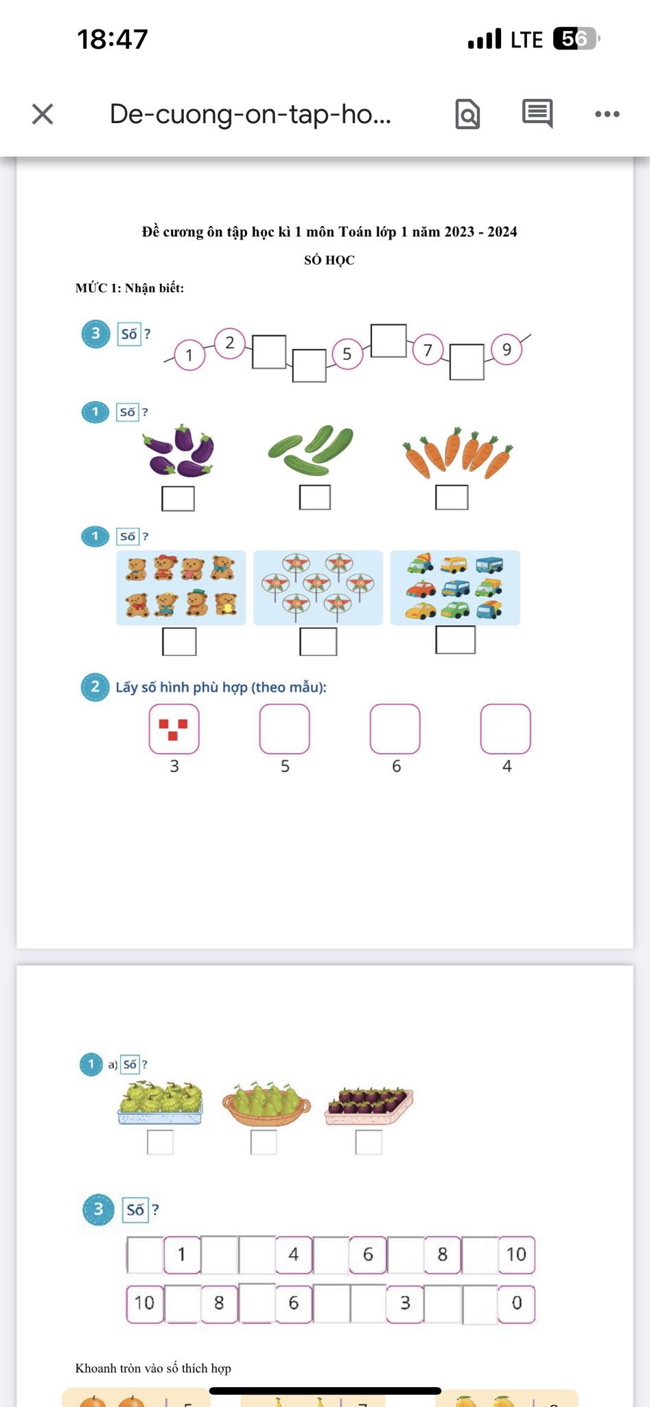 Đề cương ôn tập Toán lớp 1