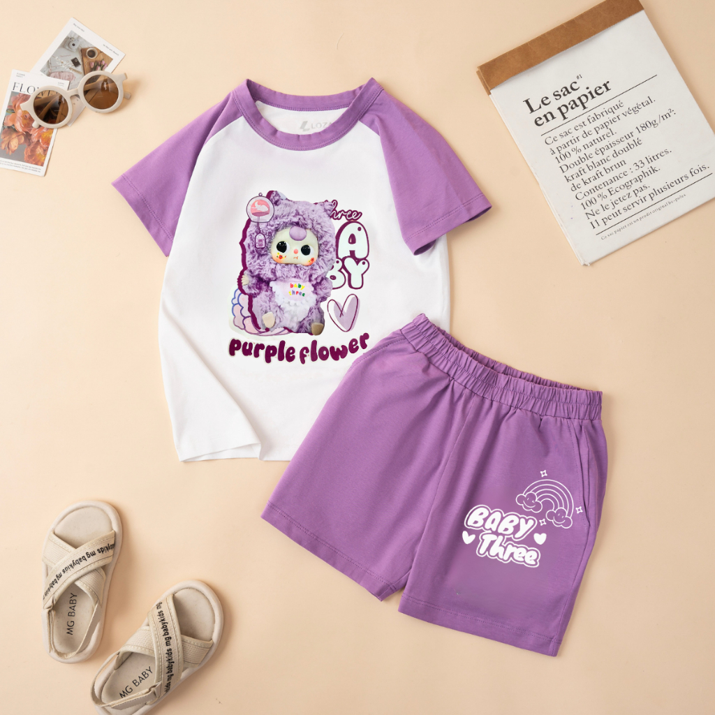 Bộ quần áo bé gái phối màu in hình 'Baby Three Purple Flower' - Loza Kids FB328