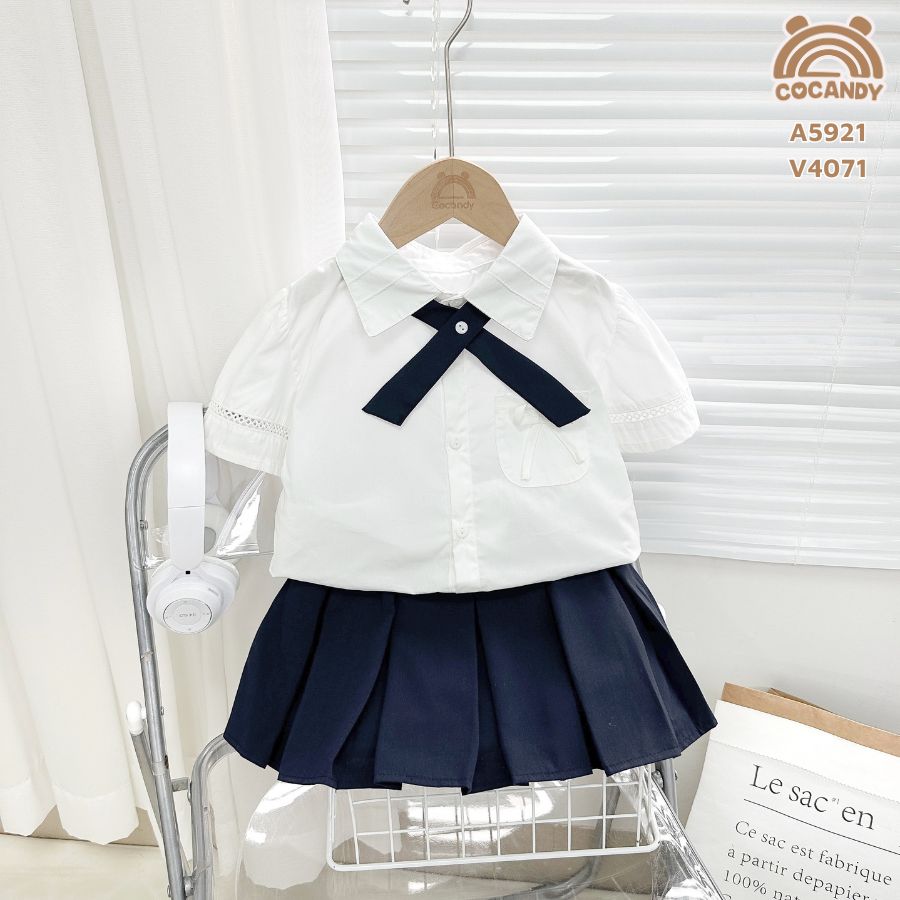 Áo cộc sơ mi TRẮNG túi ngực nơ