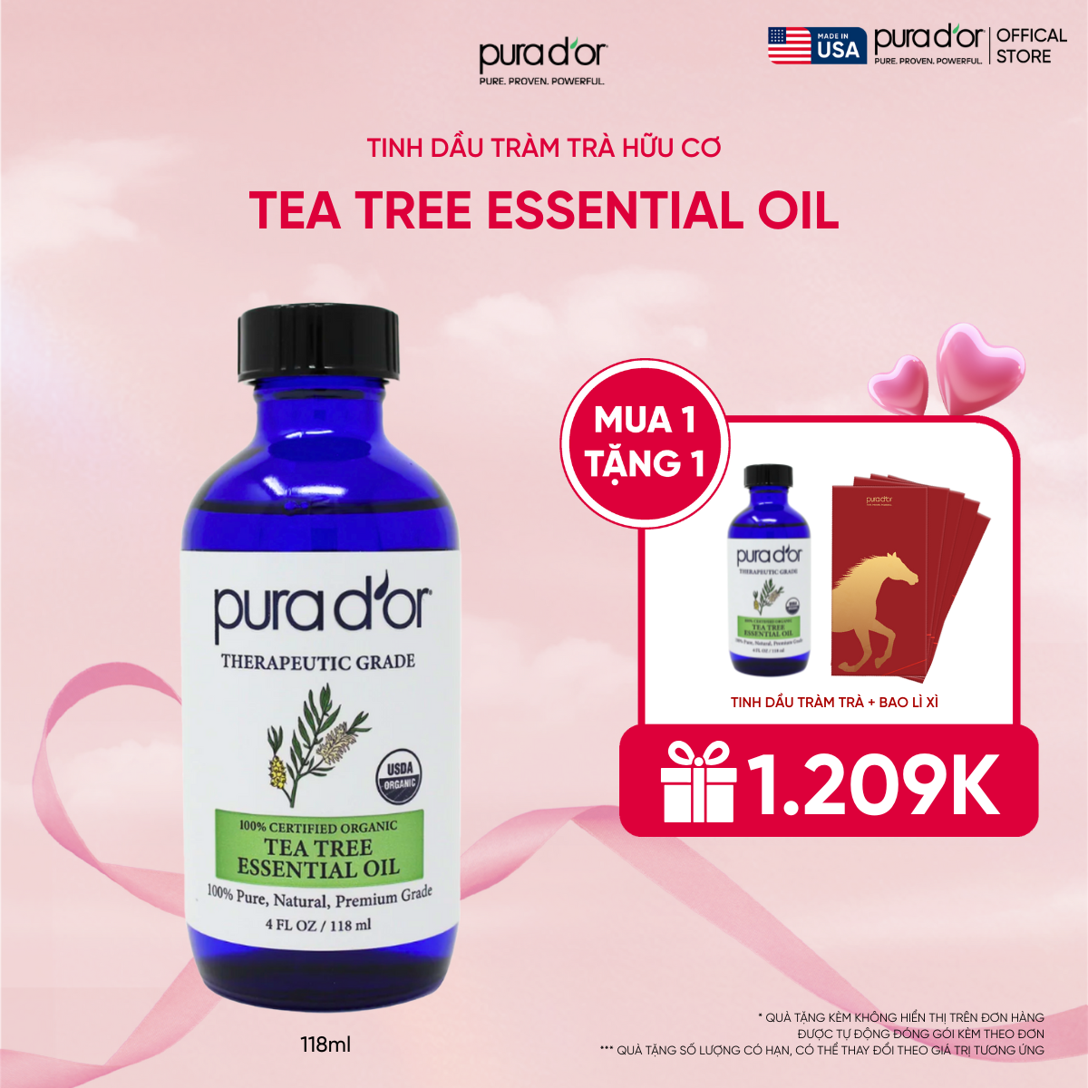 Tinh Dầu Tràm Trà Hữu Cơ Pura D'or Therapeutic Grade Tea Tree Essential Oil 118ml