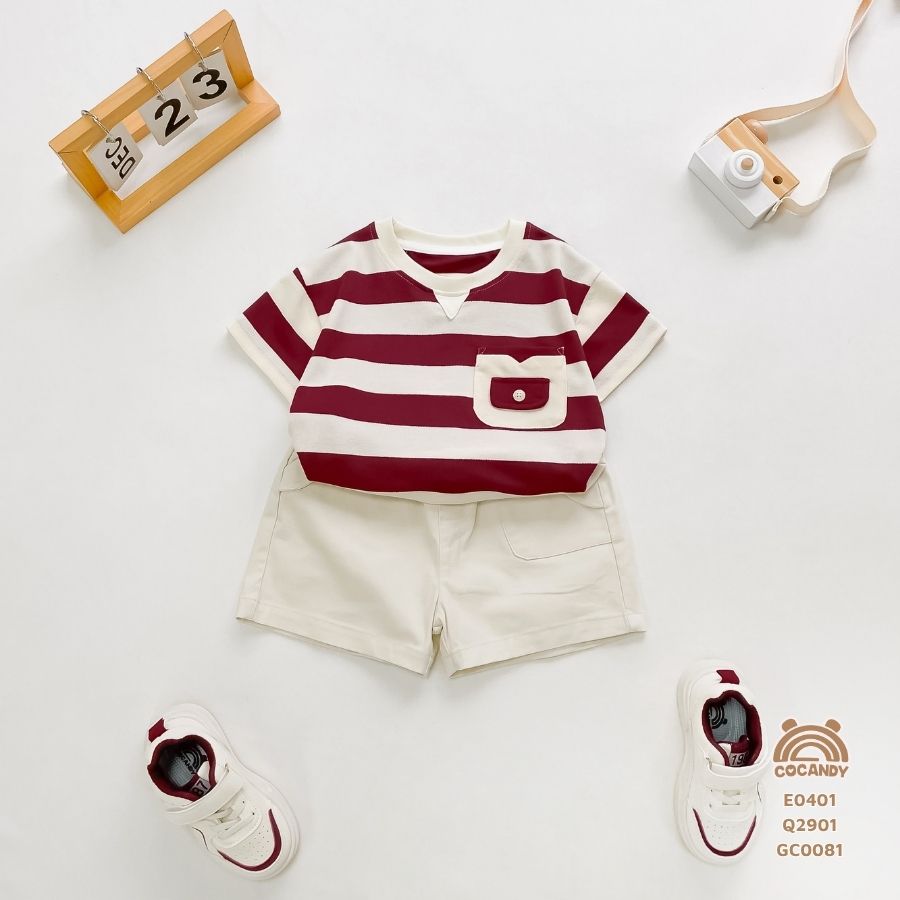 Áo cộc ĐỎ kẻ BE phối nẹp V