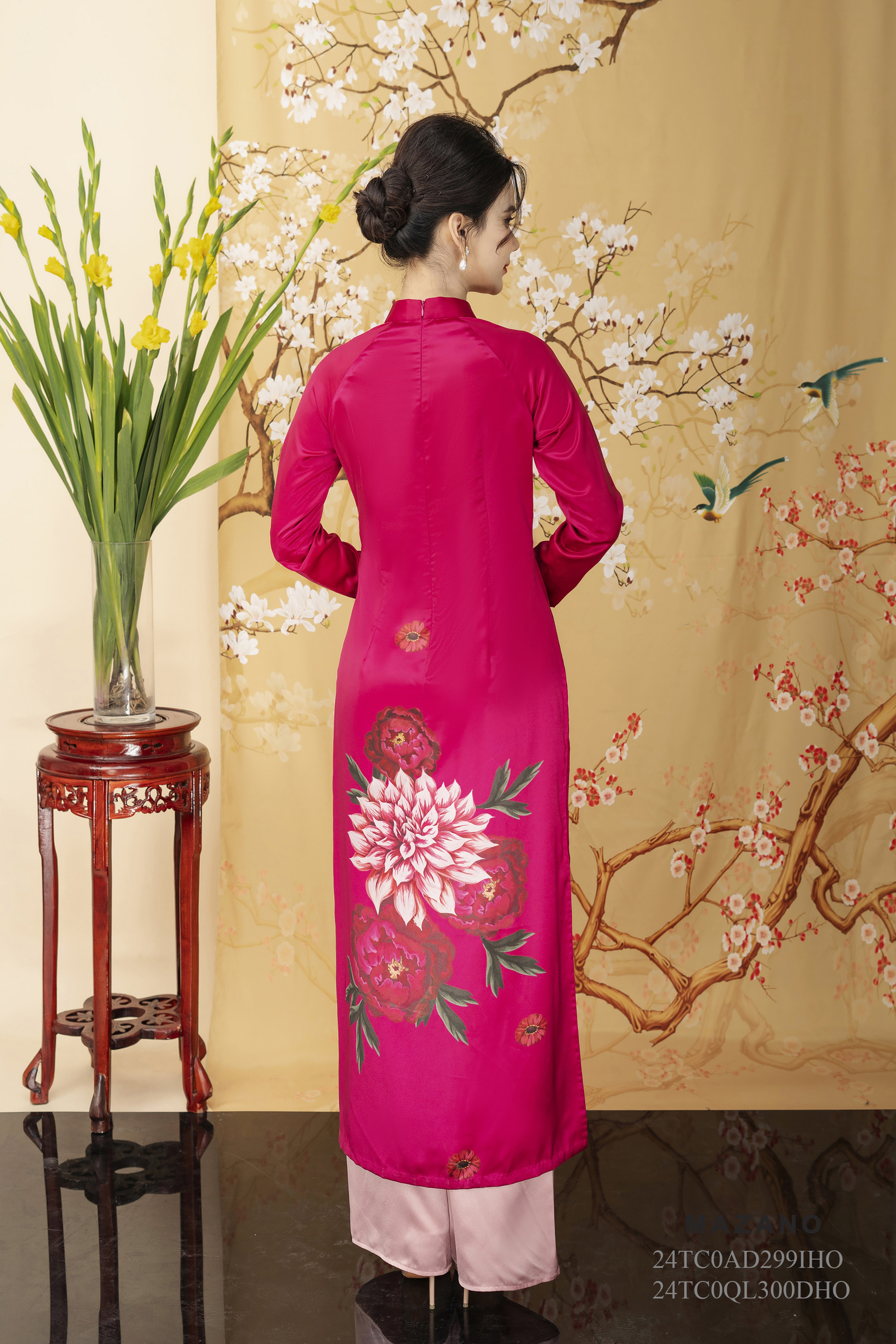 Áo Dài in hoa thược dược Vải lụa ngọc trai Cổ tàu Tay dài Dài tới mắt cá chân- mã mẫu 24TC0AD299IHO_thumbnail_7