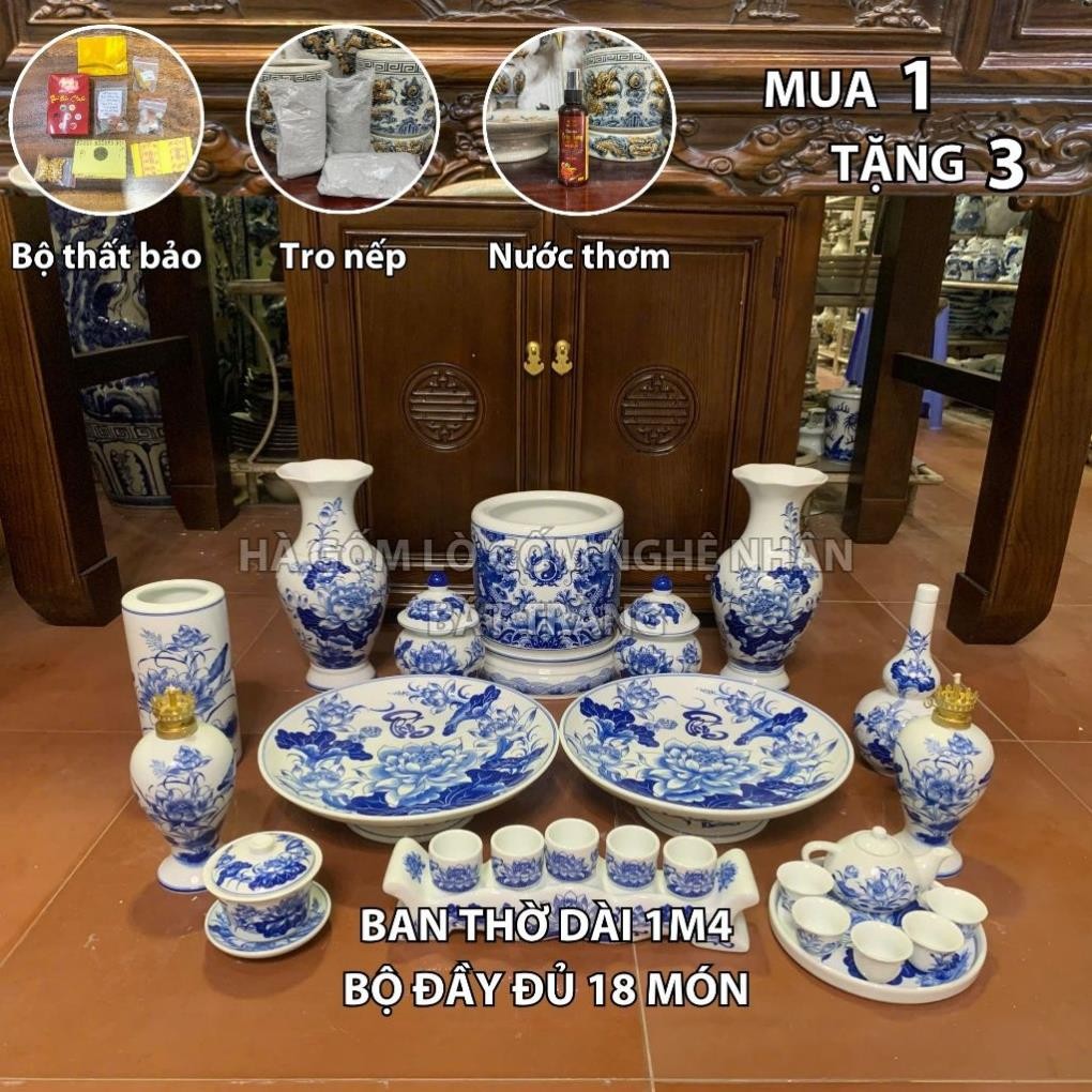 HG277 Đồ Thờ Cúng Bộ 18 món ban thờ 1M4 men trắng nghệ nhân Bát Tràng chế tác TẶNG Thất Bảo, Tro Nếp