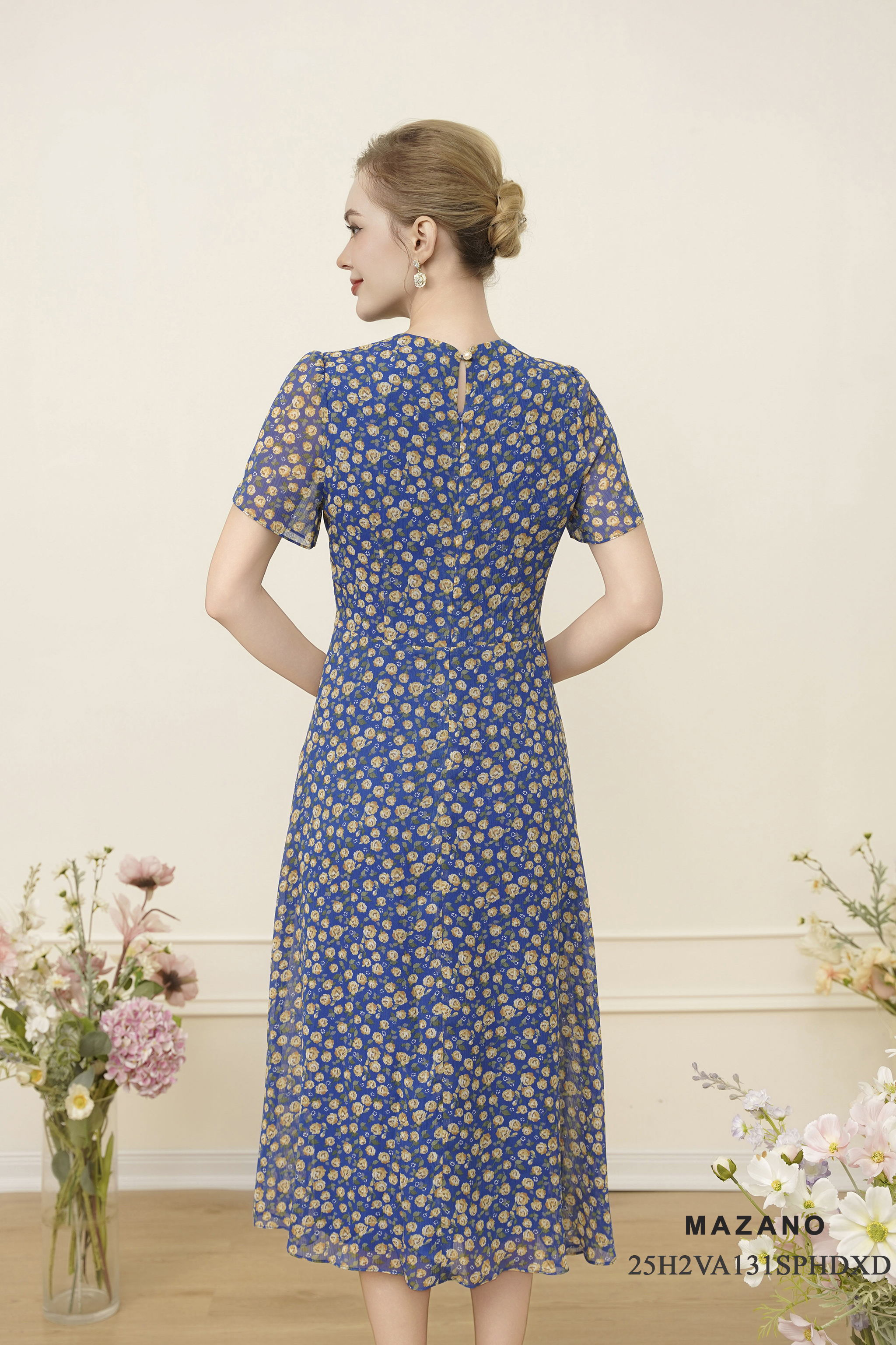 Váy Đầm Ôm Vải chiffon Hoạ tiết hoa nhí Cổ V Trang trí cuốn hoa Tay ngắn Dài đến mắt cá chân_thumbnail_4