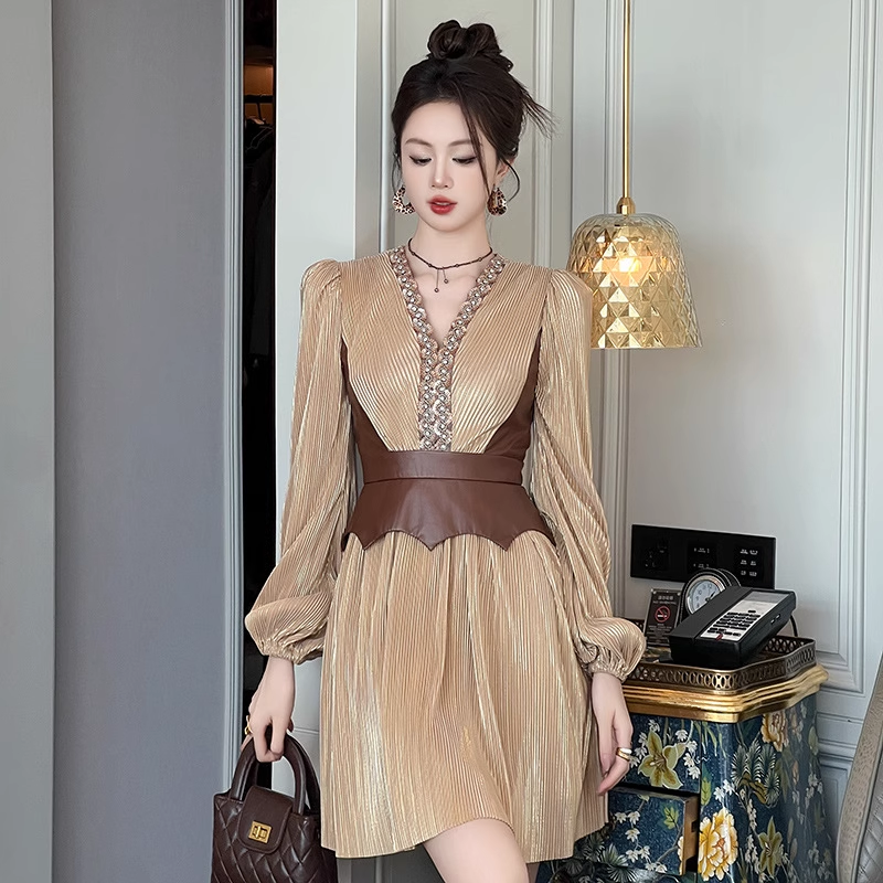 16894-Đầm voan nhún xoè tay dài phối eo nâu ( voan dập ly, lót)_thumbnail_0