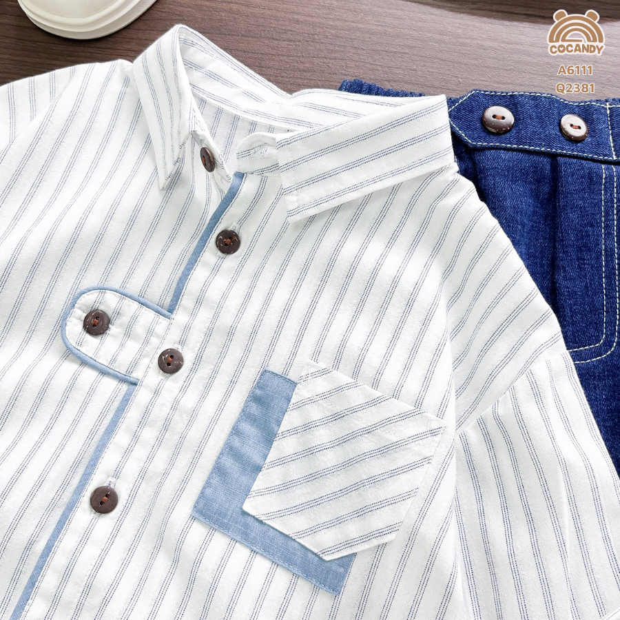 Áo dài sơ mi BE kẻ sọc túi ngực phối XDƯƠNG_thumbnail_4