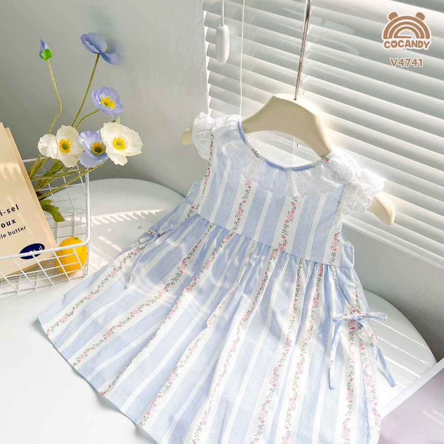 Váy cộc kẻ sọc TRẮNG XANH NHẠT hoa nhí chun chéo lưng_thumbnail_5