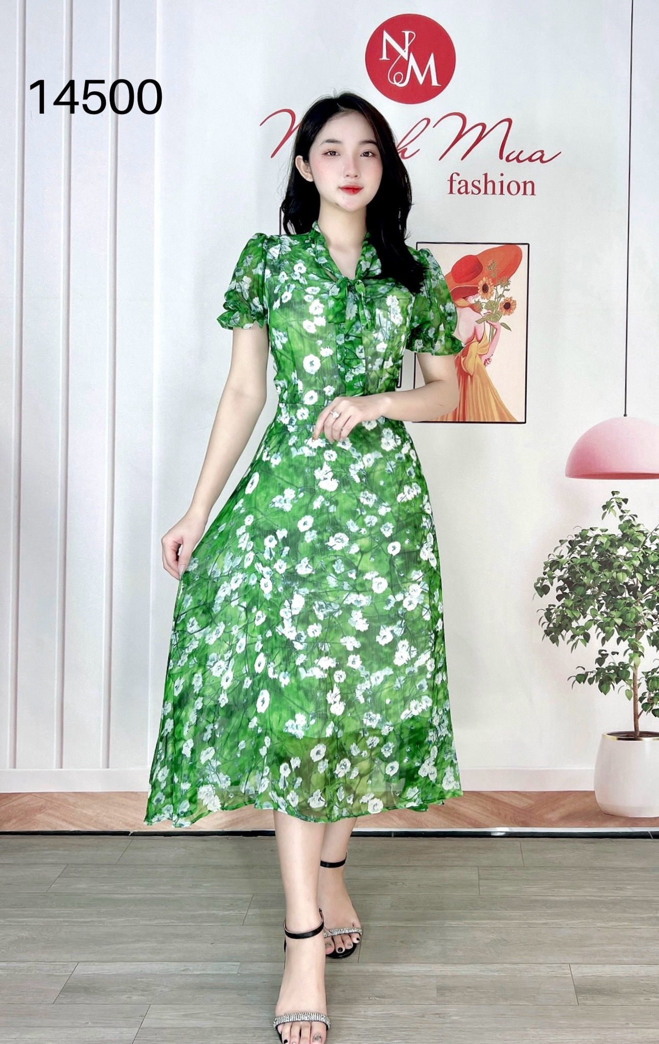 14500-Đầm voan xòe tay phồng cổ thắt nơ (voan,lót)_thumbnail_1