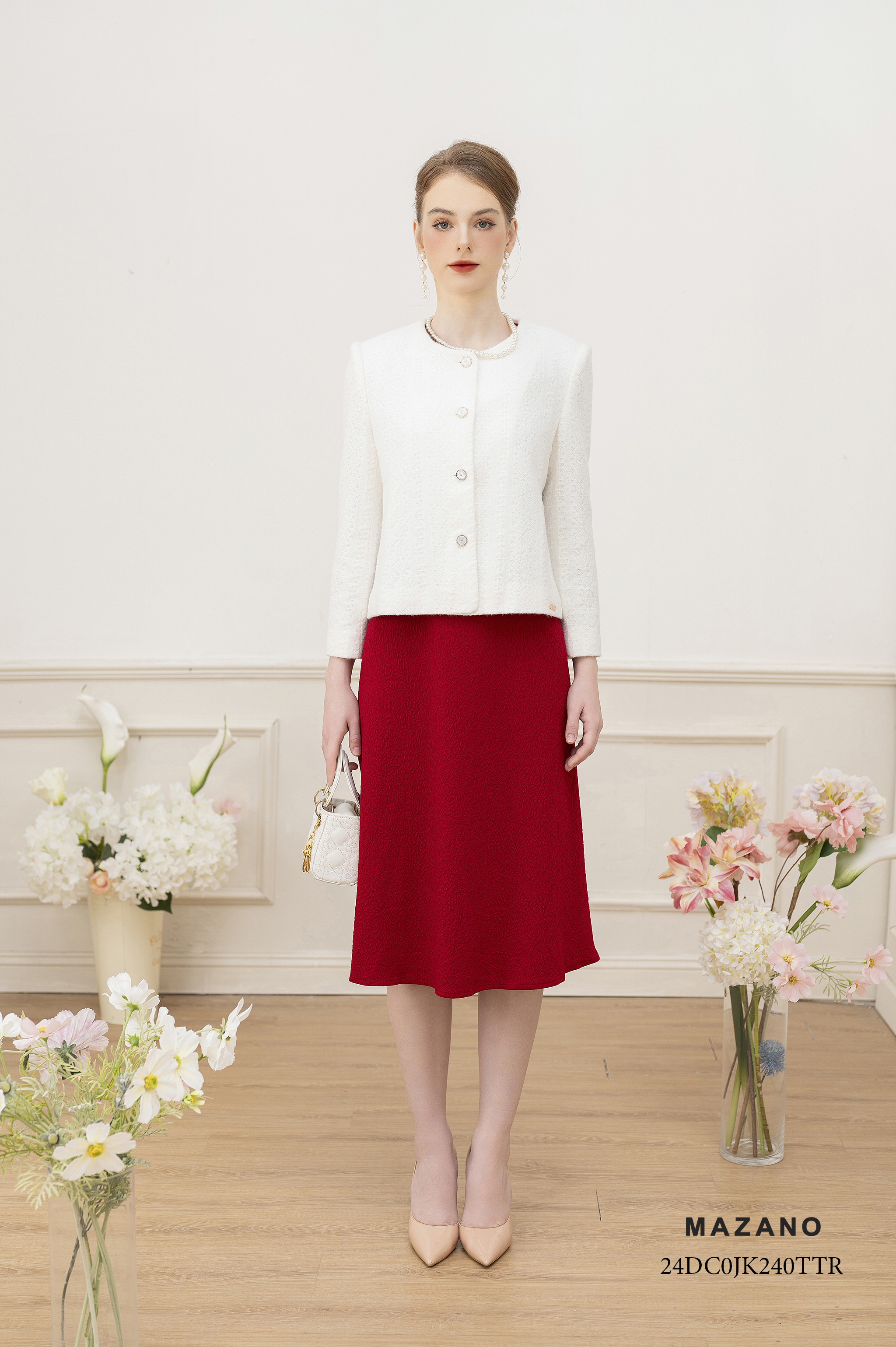 Áo khoác ngắn Suông Vải dạ len dày Họa tiết hoa văn kẻ Đính trang trí Dài dưới eo_thumbnail_5