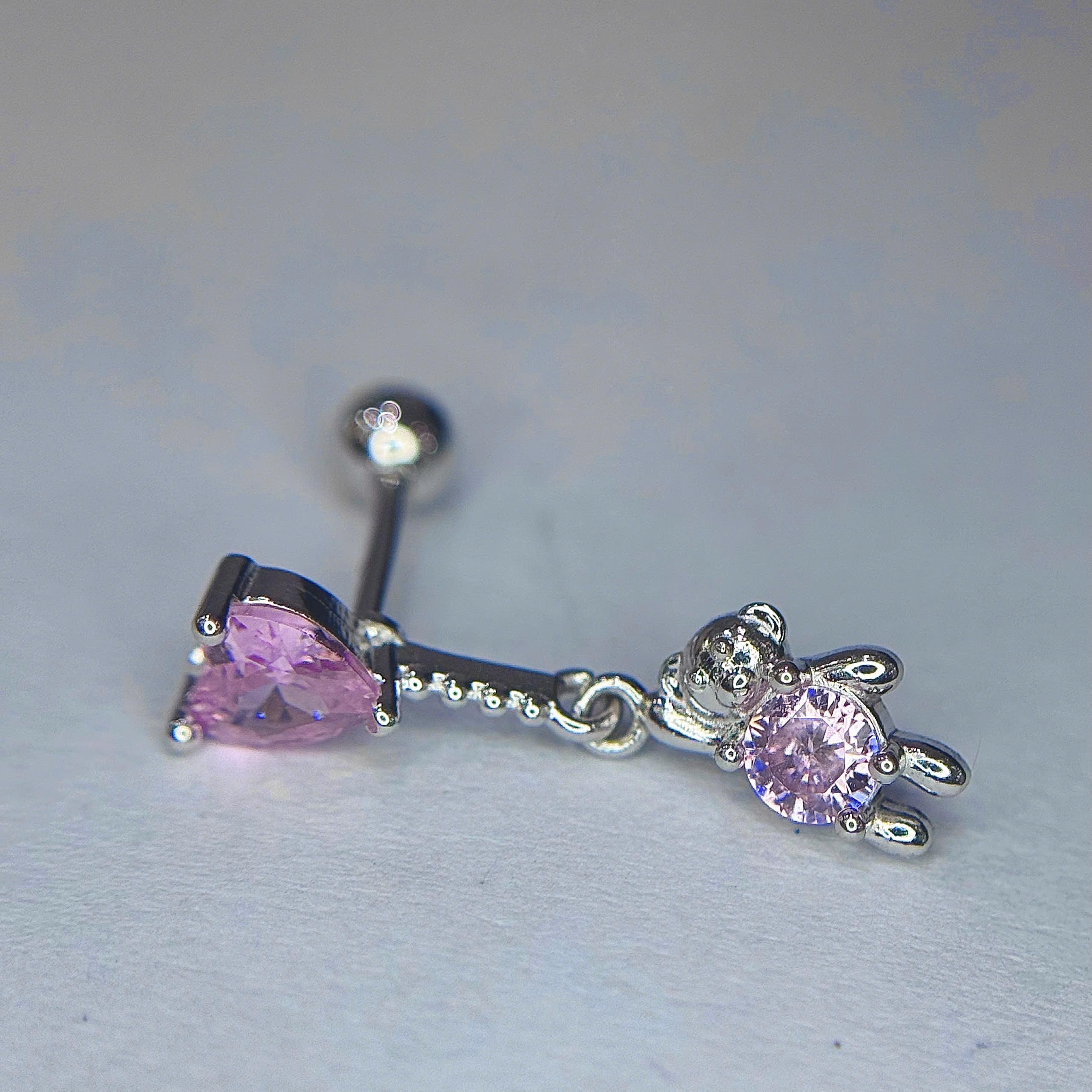 Khuyên kiểu bạc si kim tim hồng gấu rơi