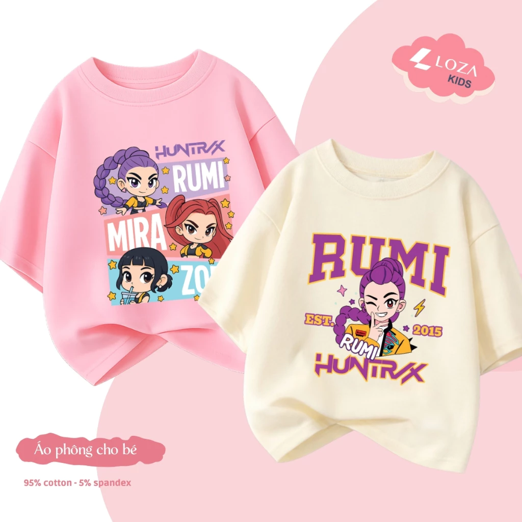 Áo phông bé gái hình nhóm nhạc Huntrix Rumi, Zoe, Mira - Loza Kids AT019 AT019