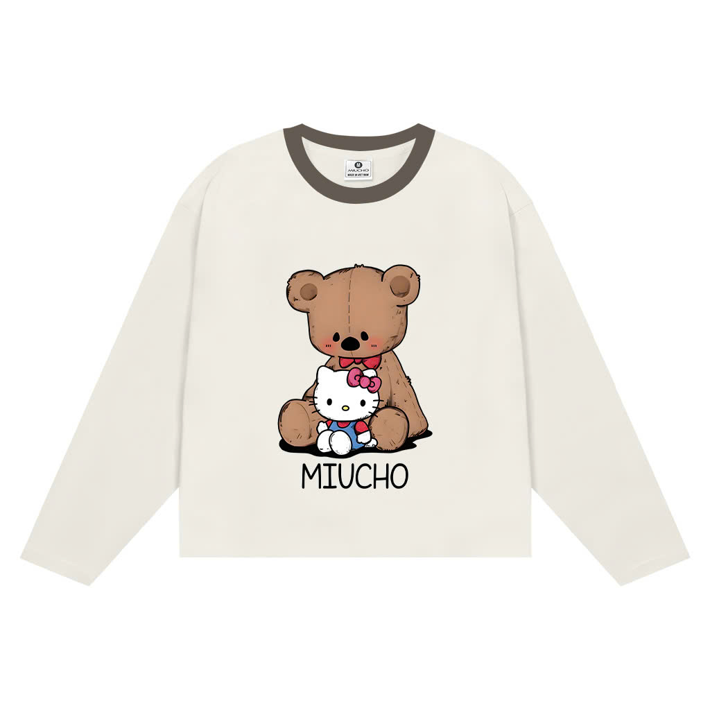 Áo thun boxy tay dài Miucho chất vải thoáng mát co giãn phối cổ mix màu Kitty Gấu nâu 2807_thumbnail_0