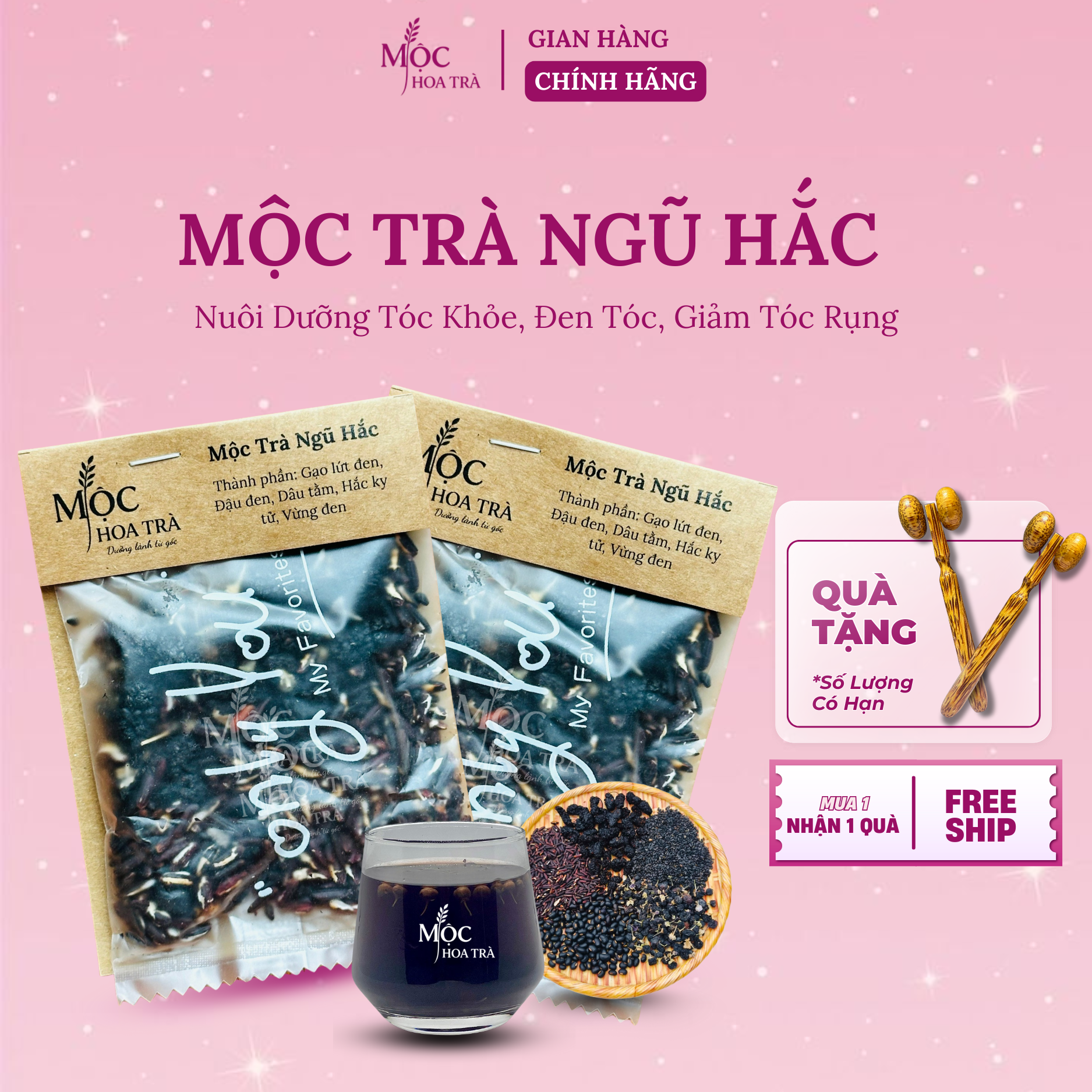 Mộc Trà Ngũ Hắc – Trà Thảo Mộc Dưỡng Tóc – Dưỡng Tóc Khỏe, Đen Tóc, Mọc tóc nhanh – Nguyên Liệu Sấy Lạnh