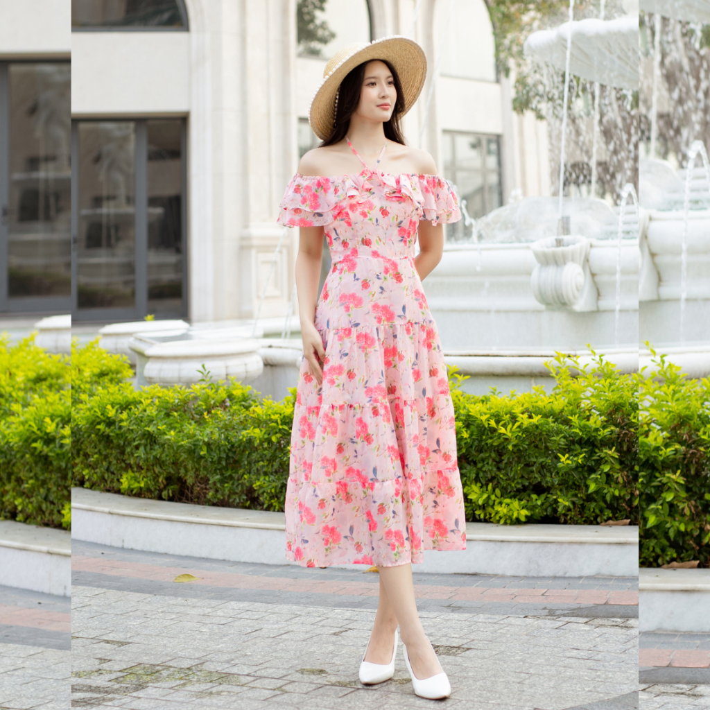 Đầm maxi hoa trễ vai bèo cột nơ xinh xắn 2in1_thumbnail_14