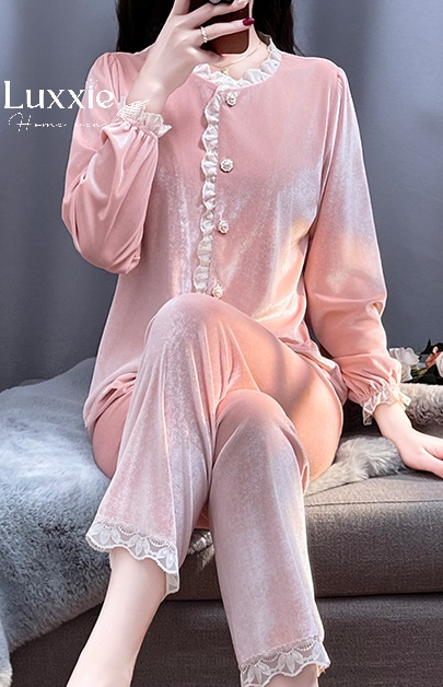 NHUNG28 Bộ ngủ nhung viền ren trắng cổ tròn bo tay