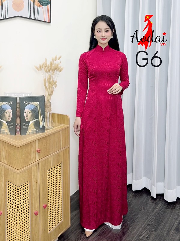 Áo dài Gấm G6 màu đỏ đô cổ cao 3cm tay dài