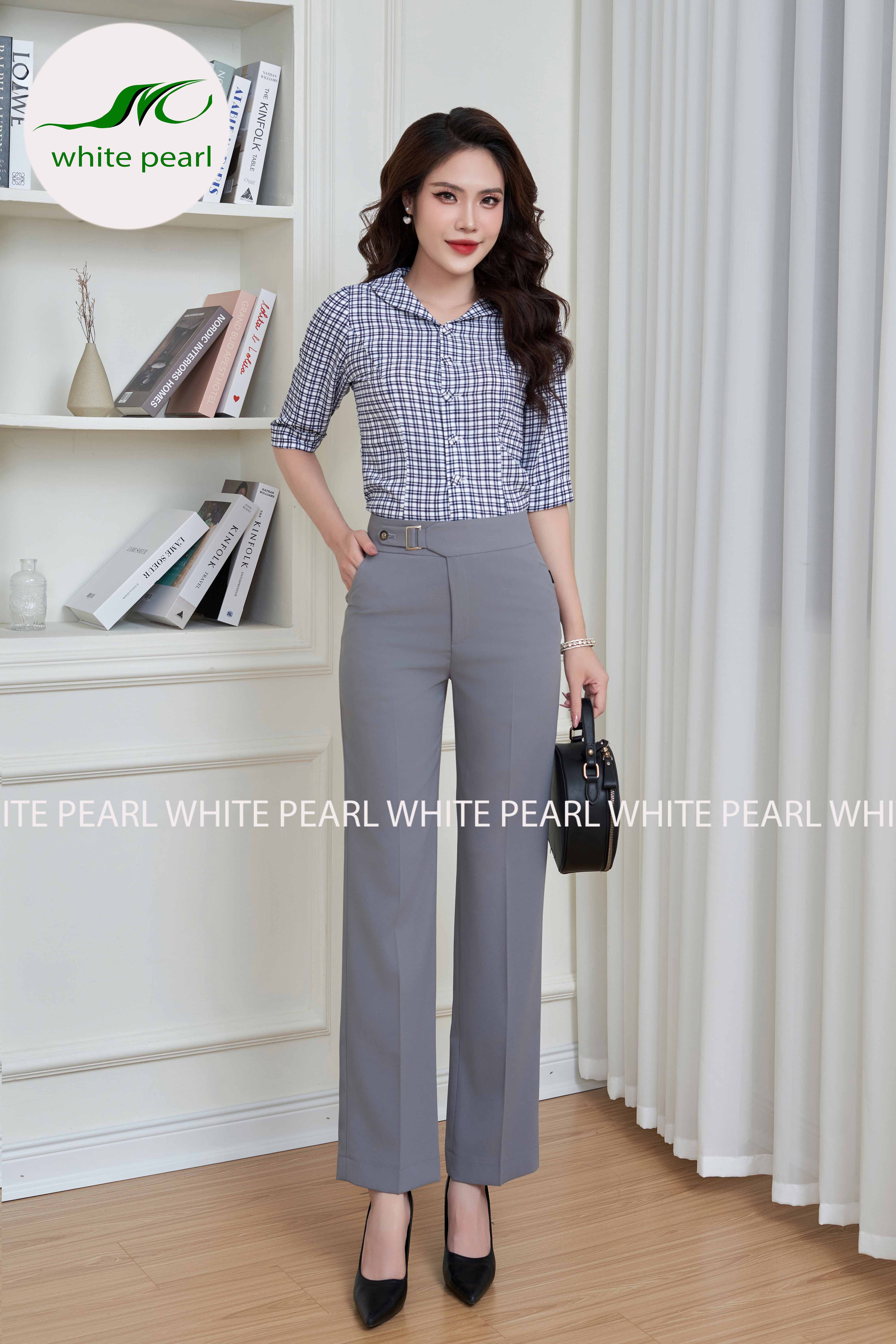 Quần ống đứng đai sắt vuông màu chì thời trang công sở cao cấp White Pearl_thumbnail_0