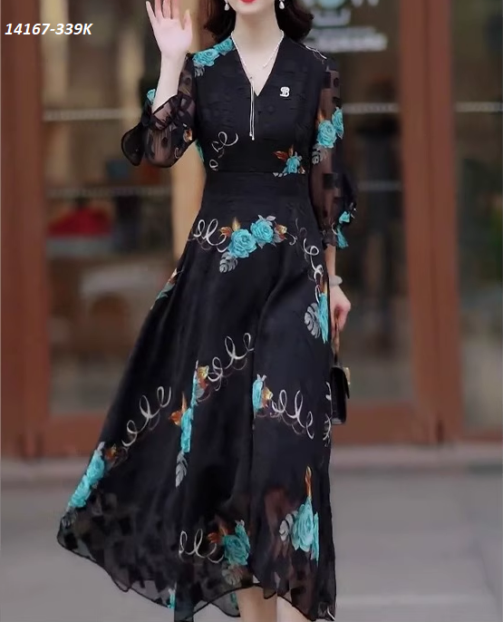 14167-Đầm voan lưới tay dài in hoa 3D (voan in, lót)FREESHIP_thumbnail_0