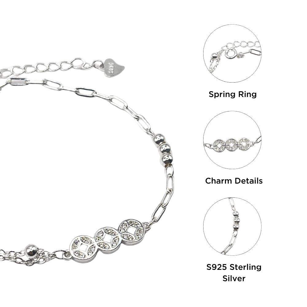 Vòng tay bạc 925 nữ charm ba đồng xu