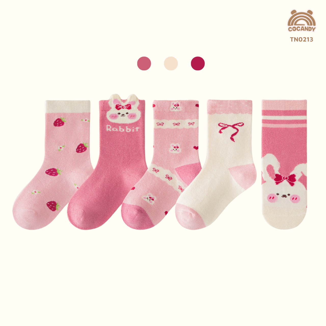 Set 5 đôi tất đôi HỒNG dâu tây phối BE