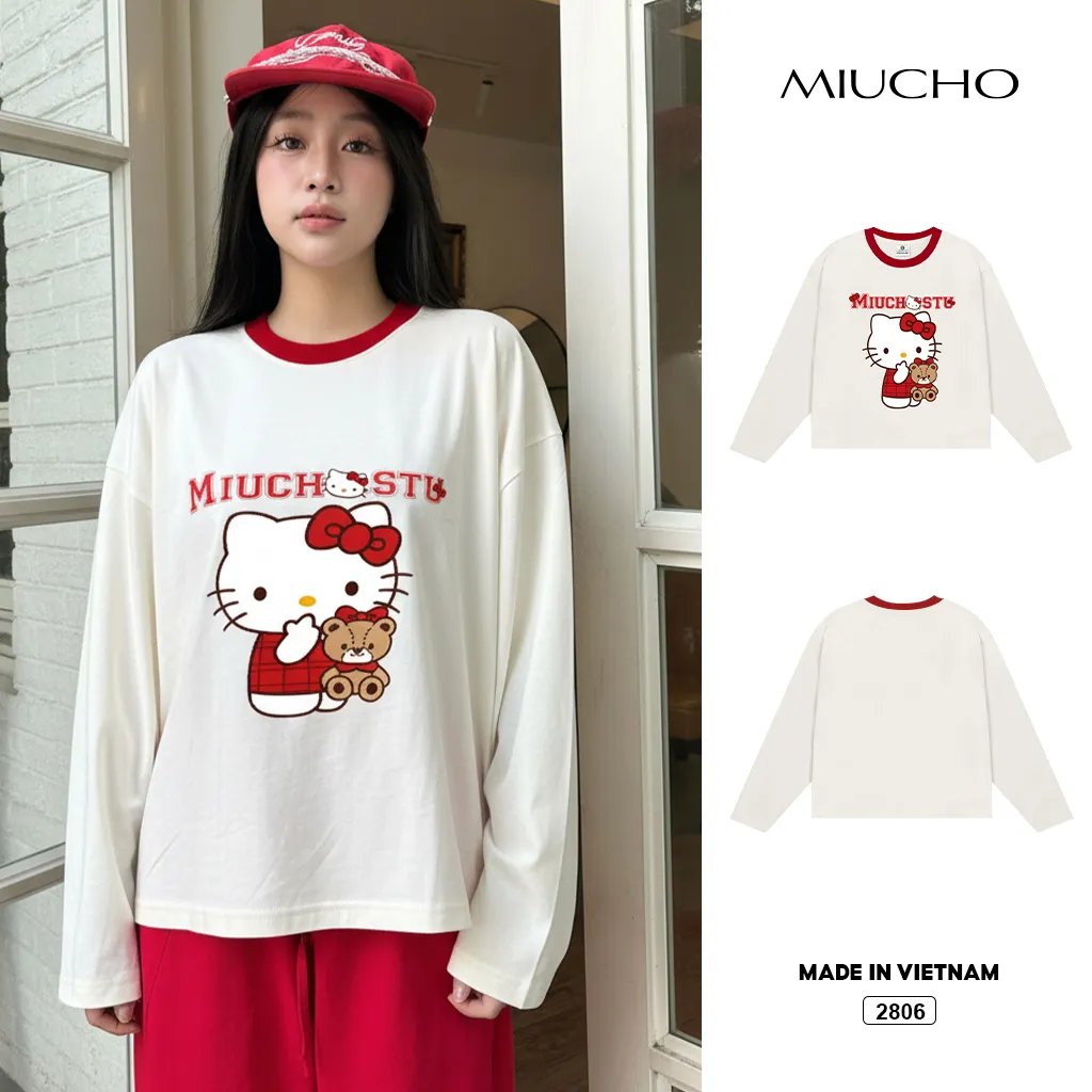 Áo thun boxy tay dài Miucho chất vải thoáng mát mềm mại phối cổ mix màu Kitty đỏ 2806