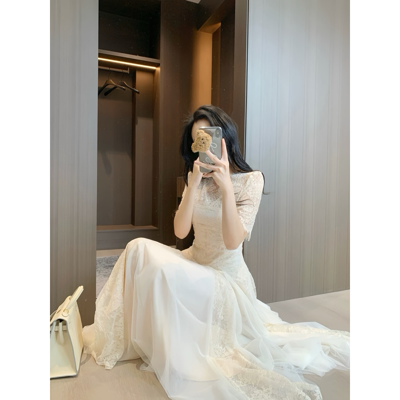 Váy ren trắng dáng bồng xoè phong cách tiểu thư, đầm trắng phối ren tay lỡ dáng dài nữ tính Logastore_L211_thumbnail_1