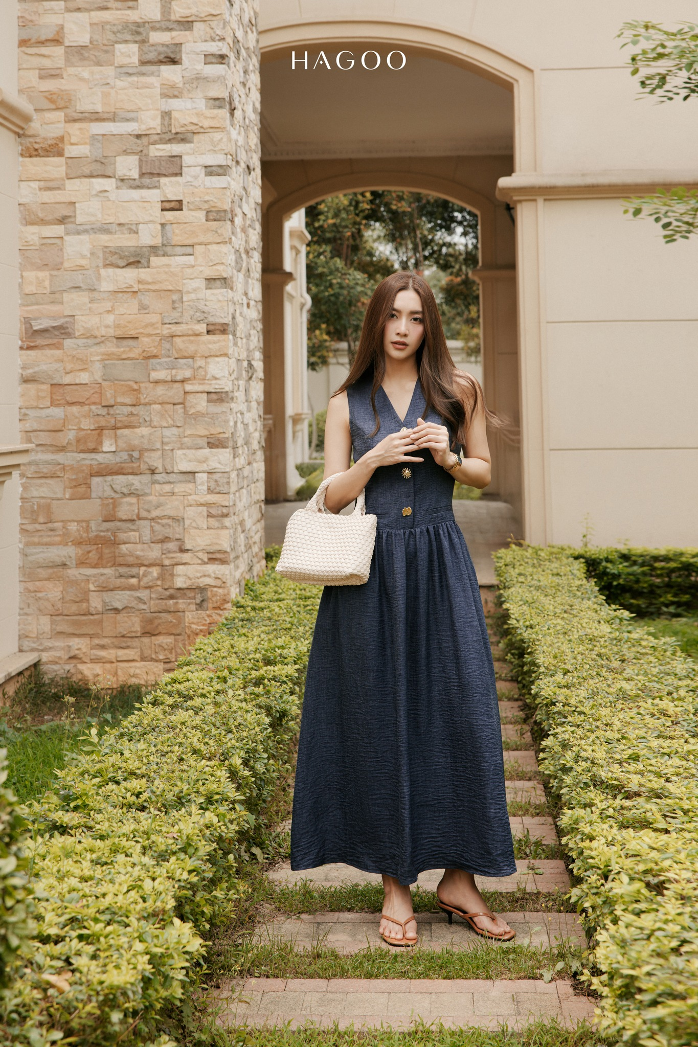 Váy đũi tơ xòe cúc đồng HAGOO_thumbnail_2