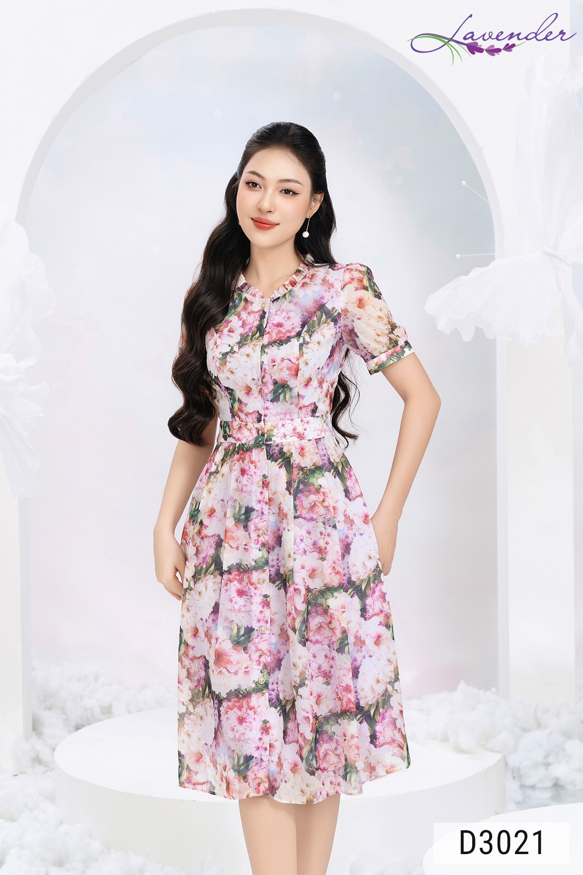 Đầm tơ hoa dạo phố cổ nhún tay ngắn D3021