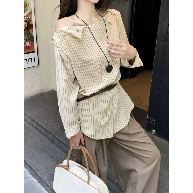 [Kèm dây lưng] Áo sơmi kẻ form suông đính cúc vai mặc được nhiều kiểu, áo sơ mi dài tay kèm dây lưng Logastore_142_thumbnail_4