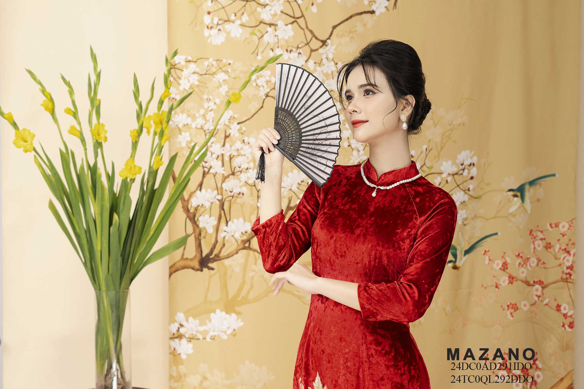 Áo Dài in hoa cúc Vải nhung Cổ tròn Tay dài Dài tới mắt cá chân - AD291IDO_thumbnail_3