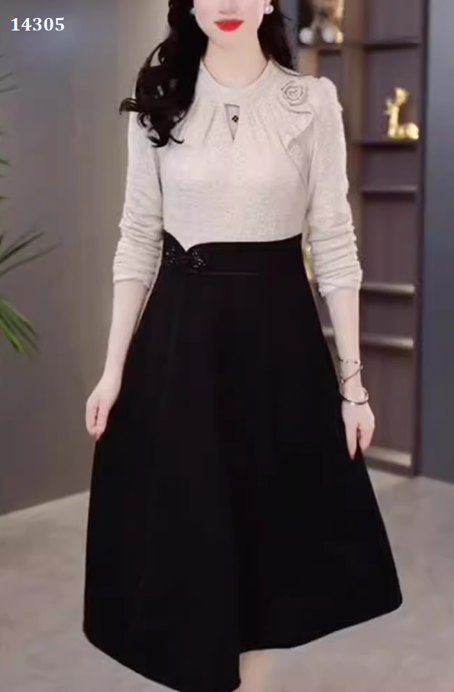 14305-Đầm xòe phối 2 màu vai kết hoa (ren hoa,poly 2 da)_thumbnail_0