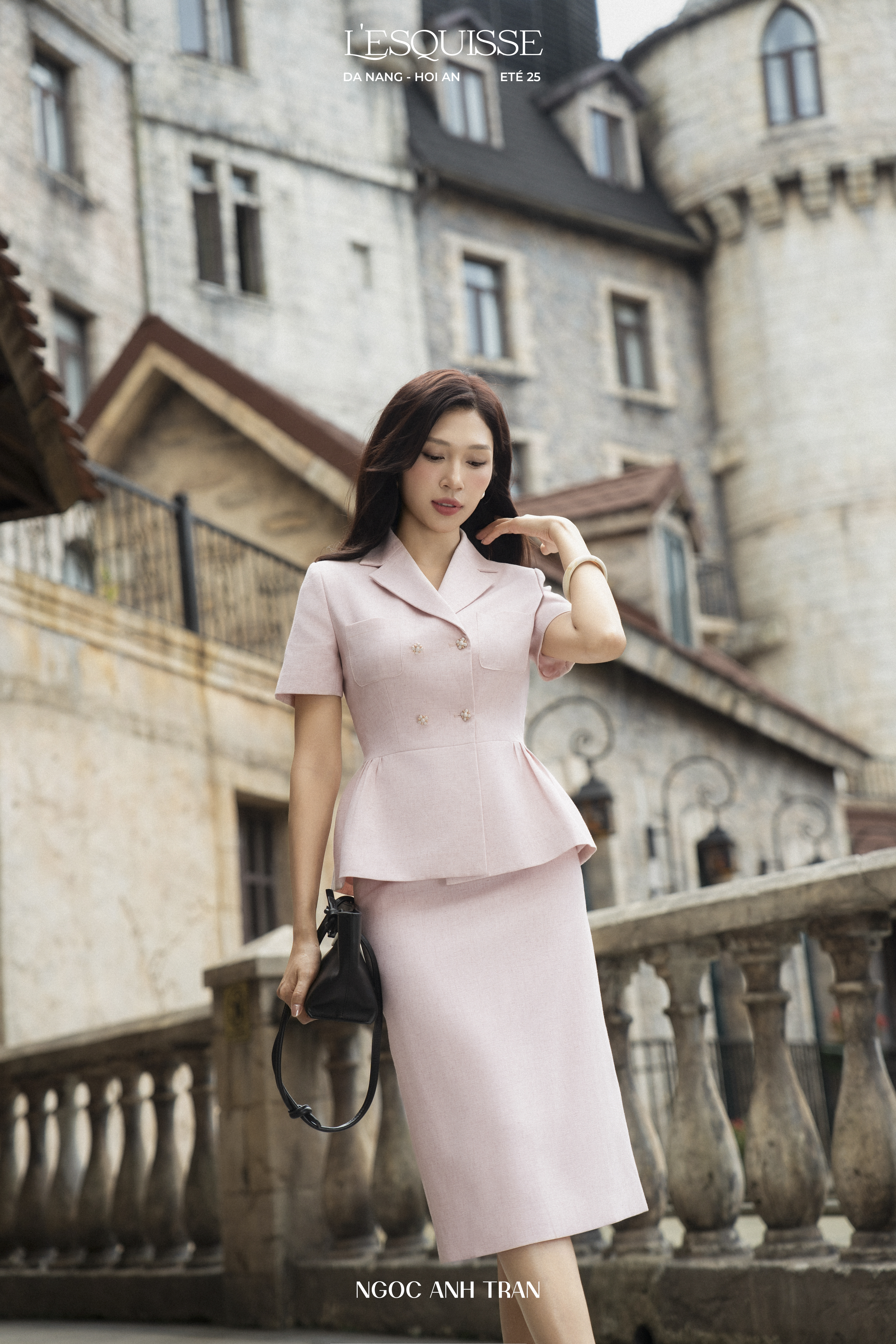 A190 - Set áo kiểu Tiểu Vân kèm chân váy hồng tiêu