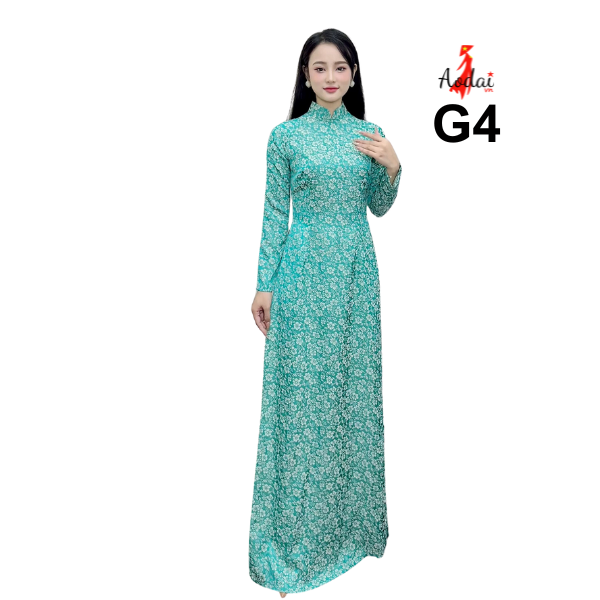Áo dài Gấm G4 màu xanh ngọc cổ cao 3cm tay dài