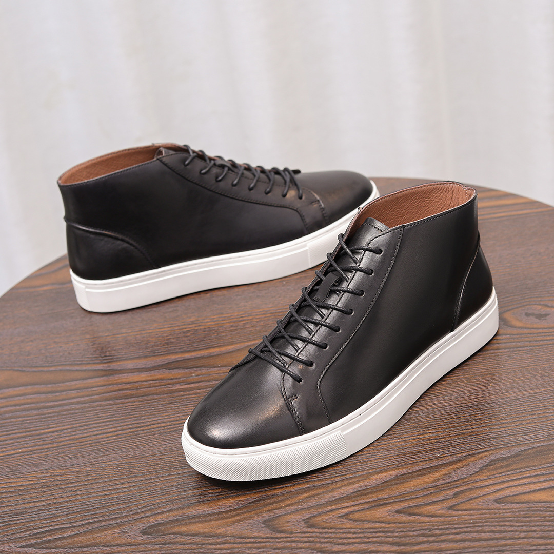 Giày thể thao cổ cao thời trang thu đông dành cho nam, da bò lớp 1 được làm thủ công đế mềm kiểu Anh Giày trắng thời trang cổ điển