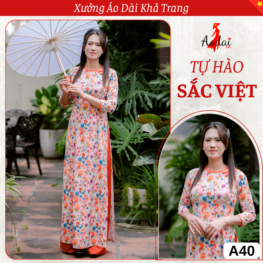 A40 Áo Dài Nơ Cam Cổ Tròn Tay Lỡ