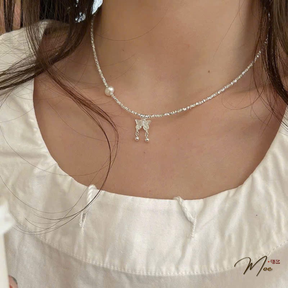 D254 - Dây chuyền hồ điệp ngọc trai mix bi bạc