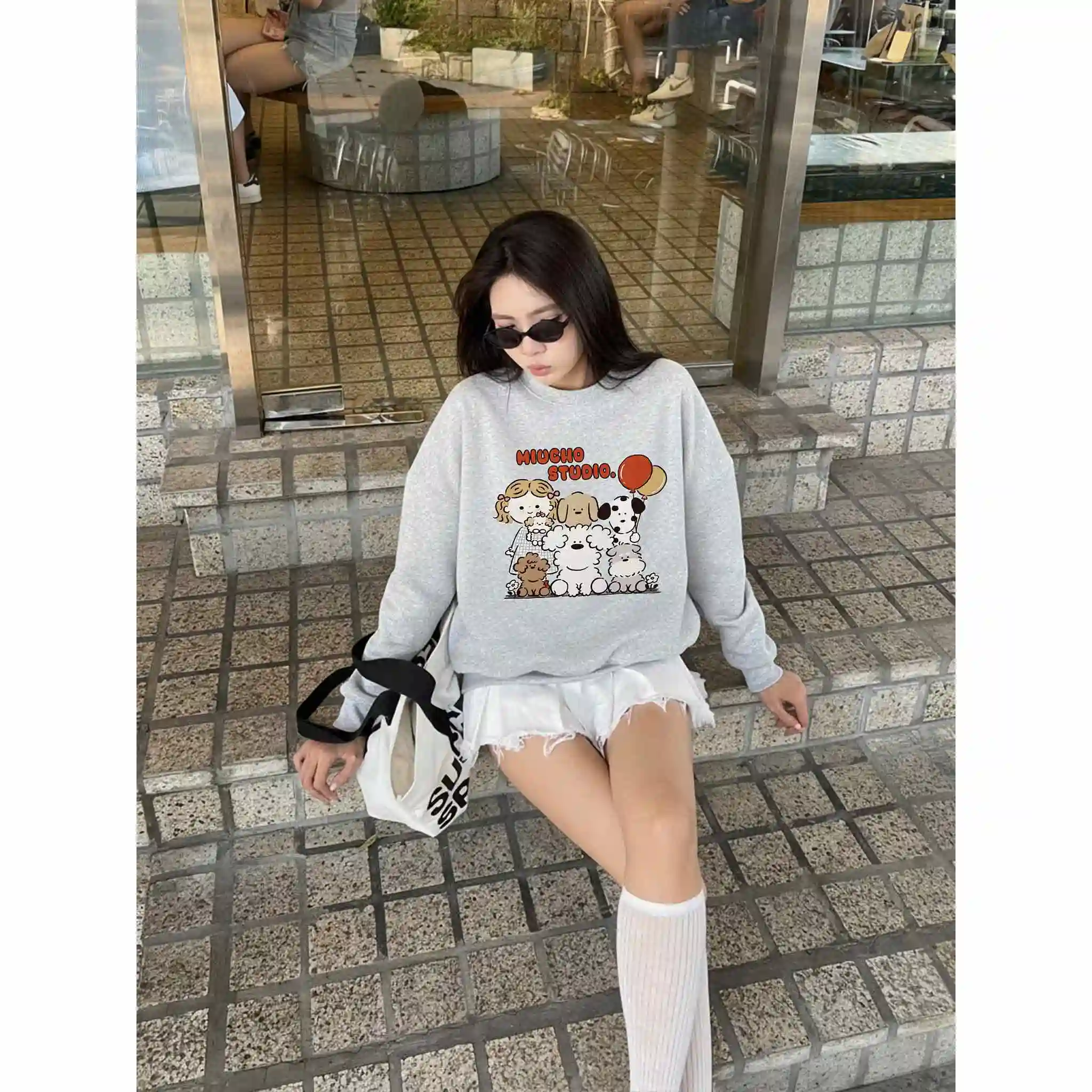 Áo Sweater form boxy Miucho nỉ 2 da thoáng mát tay dài cổ tròn dễ phối cún yêu in mix 2796_thumbnail_5