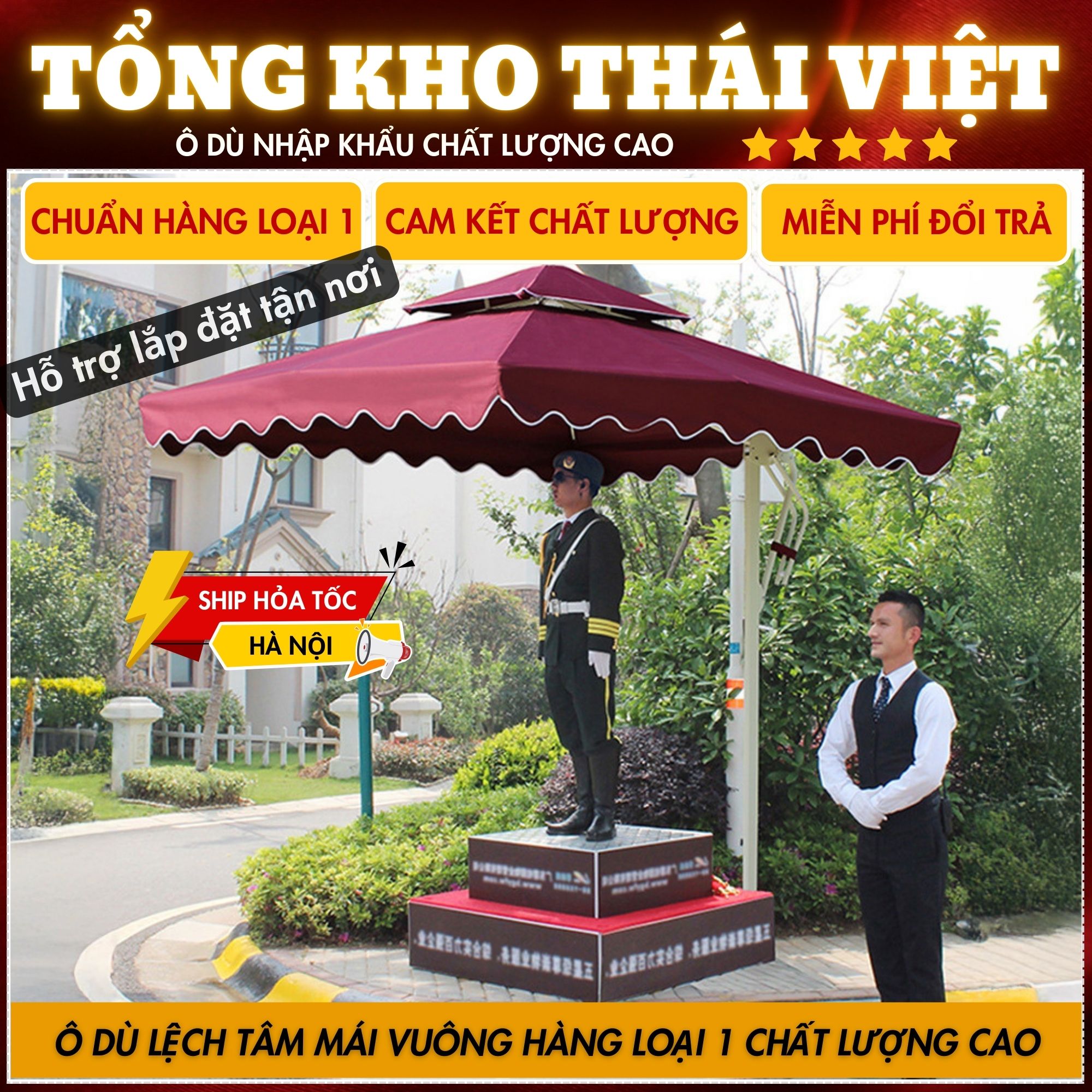 Ô dù lệch tâm mái vuông che ngoài trời 2m5x2m5 BẢN CAO CẤP hàng nhập khẩu vải dù tráng PU chống thấm bảo hành 1 năm Ô DÙ THÁI VIỆT