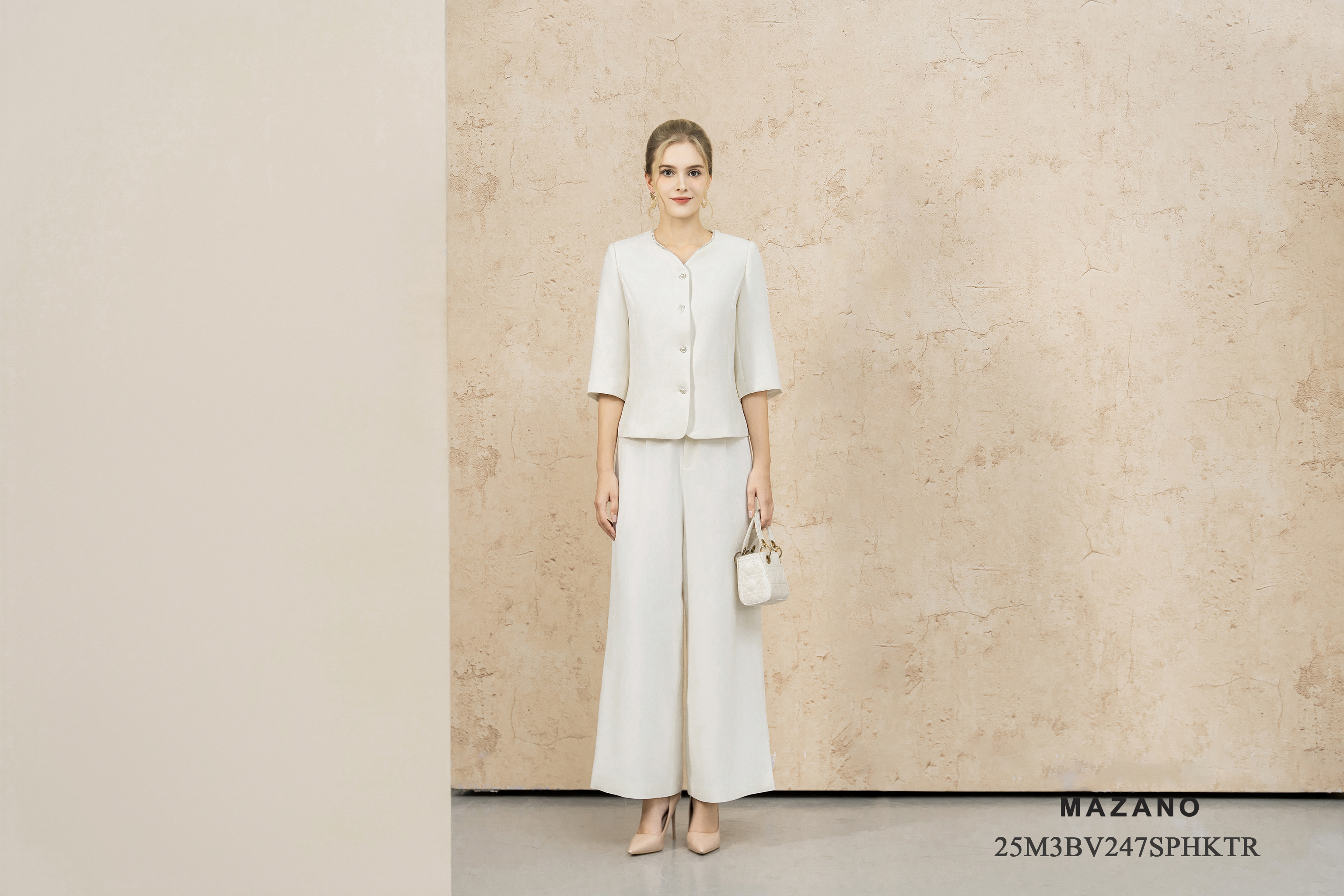 Bộ áo vest quần suông vải thô dày trắng kem không Cổ trang trí ngọc trai Tay lỡ Dài áo qua eo,quần dài đến mắt cá