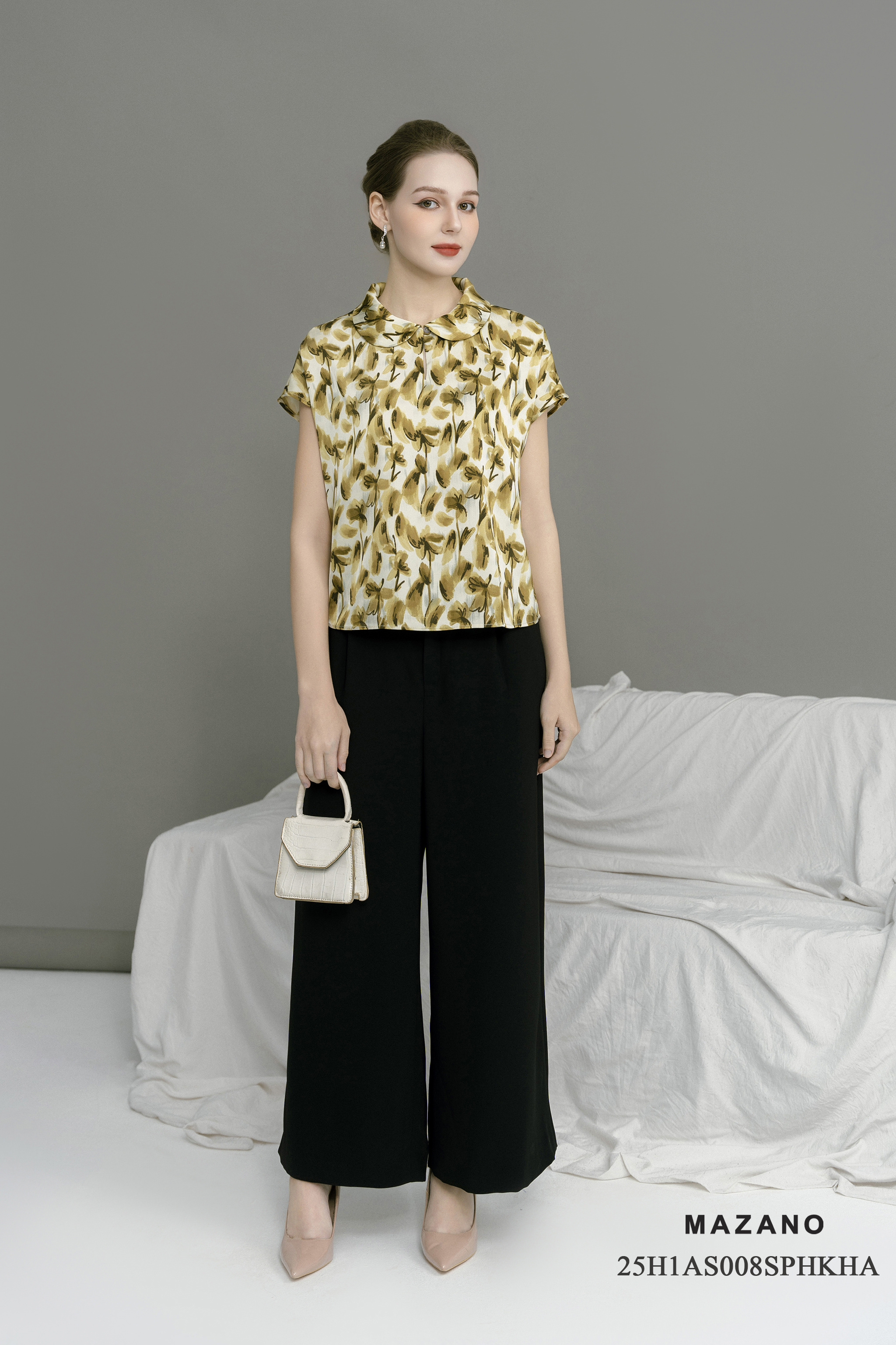 Áo suông cài khuy Vải Thô mỏng Họa Hoa rối  Cổ bẻ cách điệu tay ngắn Dài áo qua eo- Mã AS008CHHA